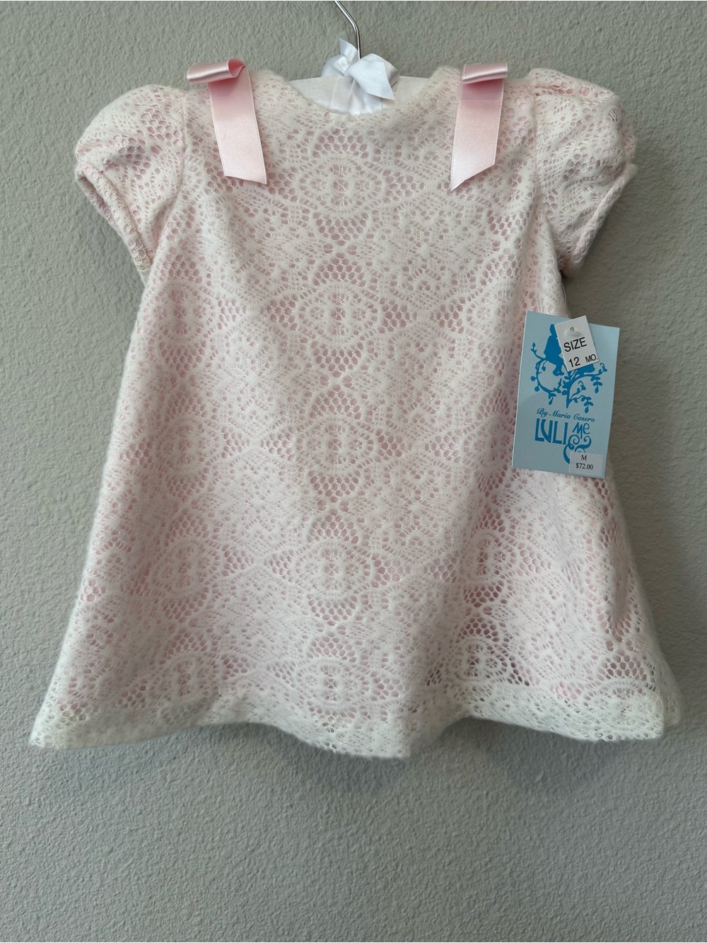 NWT! Luli & Me Pale Pink Lace Dress with Ribbon Shoulder Bows, Size 12 Months